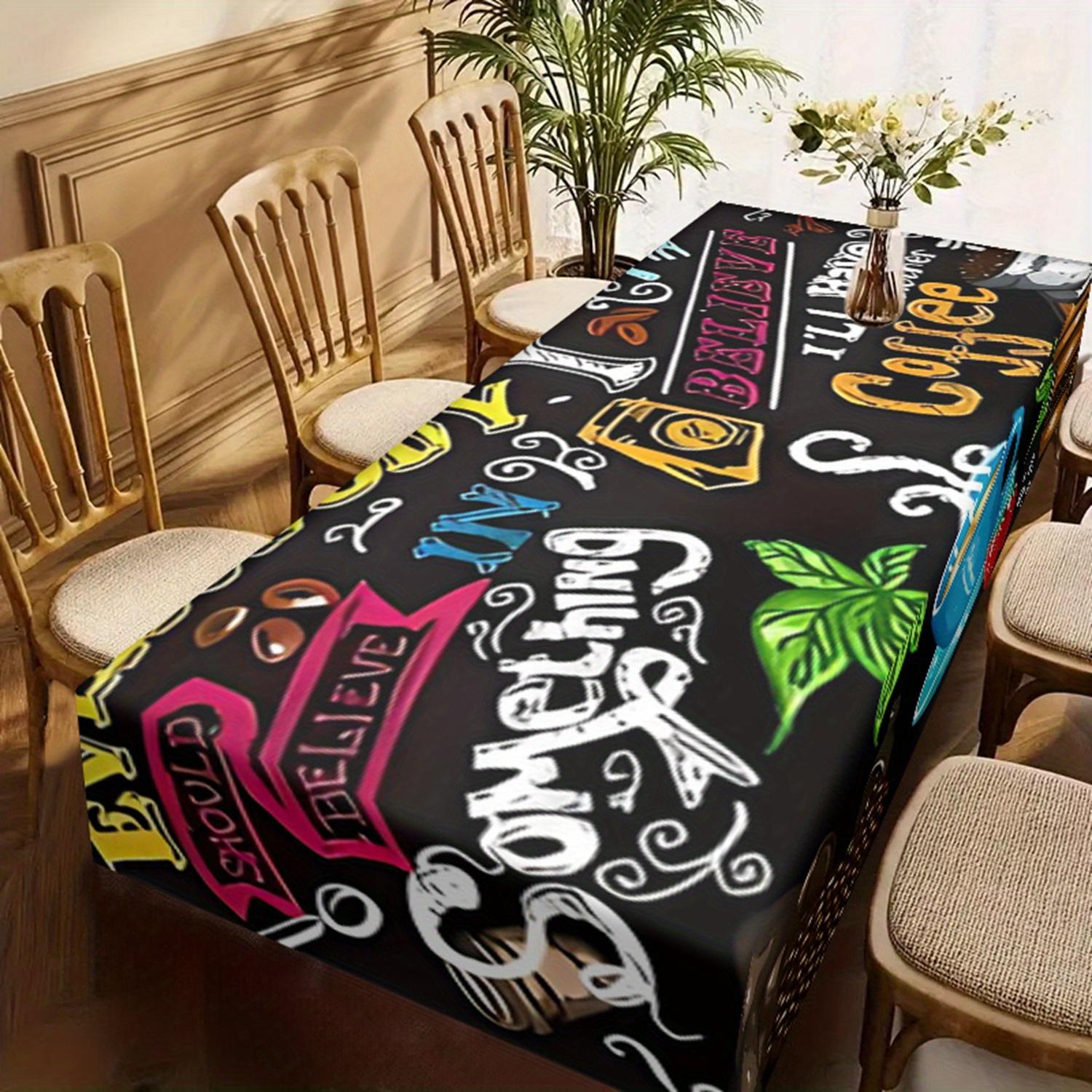 1pc Chic Coffee and Text Design Tablecloth - Rectangular Polyester Tablecloth, Easy to Clean, for Parties, Dining Decor and Outdoor Use, Picnic Table Cover