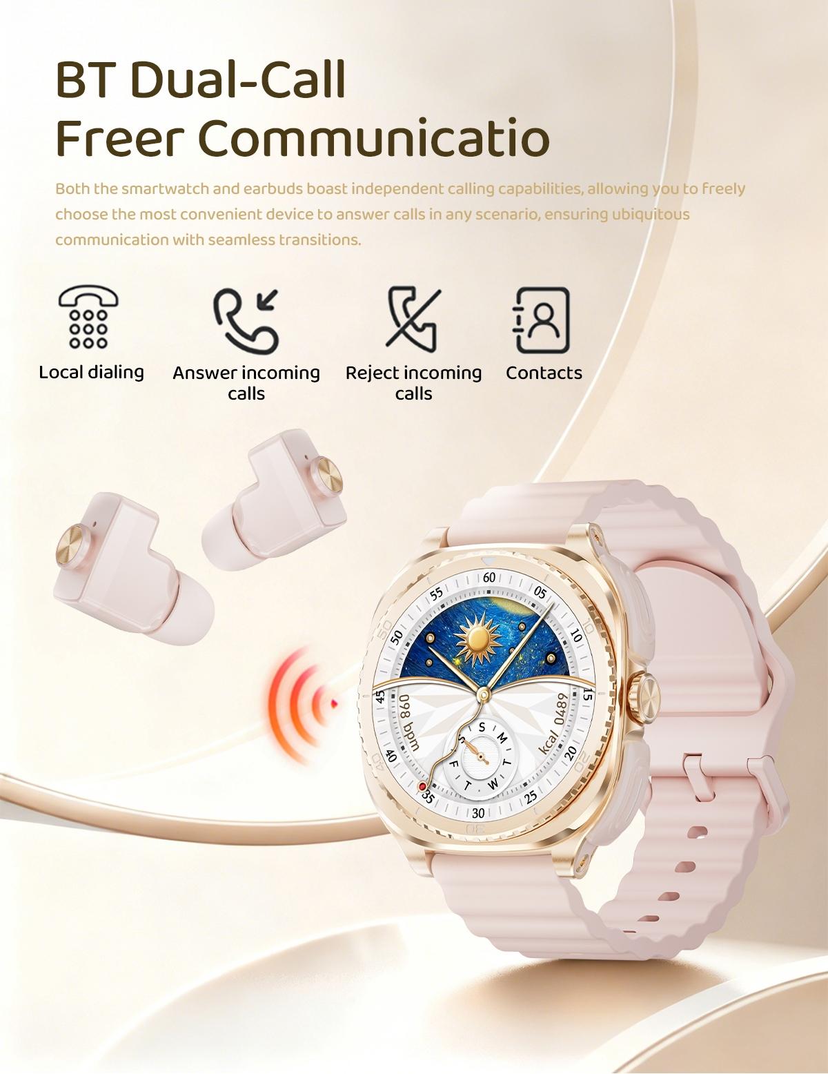 Women Smart Watch with Bluetooth Earbuds Wireless Fitness Tracker Heart Rate Monitor Music Playback Phone Calls for iOS Android