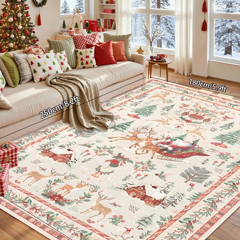 Christmas Theme Home Decor Carpet, Santa Claus & Christmas Tree Print Rug, Soft Non-Slip Washable Mat for Living Room Bedroom Sofa Dining Area, Home Decorative Rugs