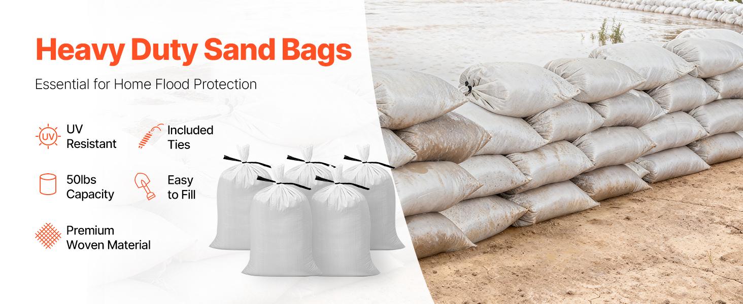 VEVOR Empty Sandbags, 200 Packs 16x 26 in, Heavy Duty Sand Bags Sacks with Ties, 50lb Capacity Woven Polypropylene Sandbags, Tear-Resistant UV-Resistant Sand Bags for Flood Protection Barrier