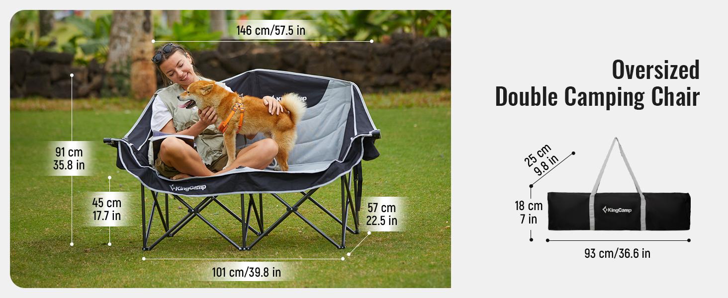KingCamp Unisex Large Size Steel Frame Foldable Outdoor Chair - 880lbs Heavy Duty 2-Seat Loveseat, Portable XL Padded Outdoor Conversation Furniture with Cup Holder for Lawn Events (Khaki/Coffee) + summerwins SummerTurnUp Compact Lightweight Utility Wagon