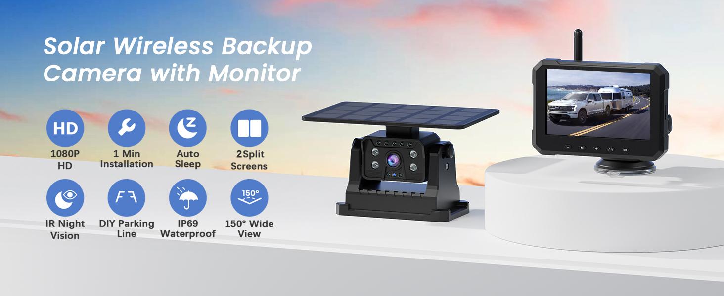 Magnetic Solar Wireless Backup Camera for Truck, 5 Inch No-Drill Installation RV Backup Camera, 1080P Rear View Camera 150° Wide Angle, 24hrs Battery Life, 2.4Hz Signal, Night Vision, RVs, Trailers