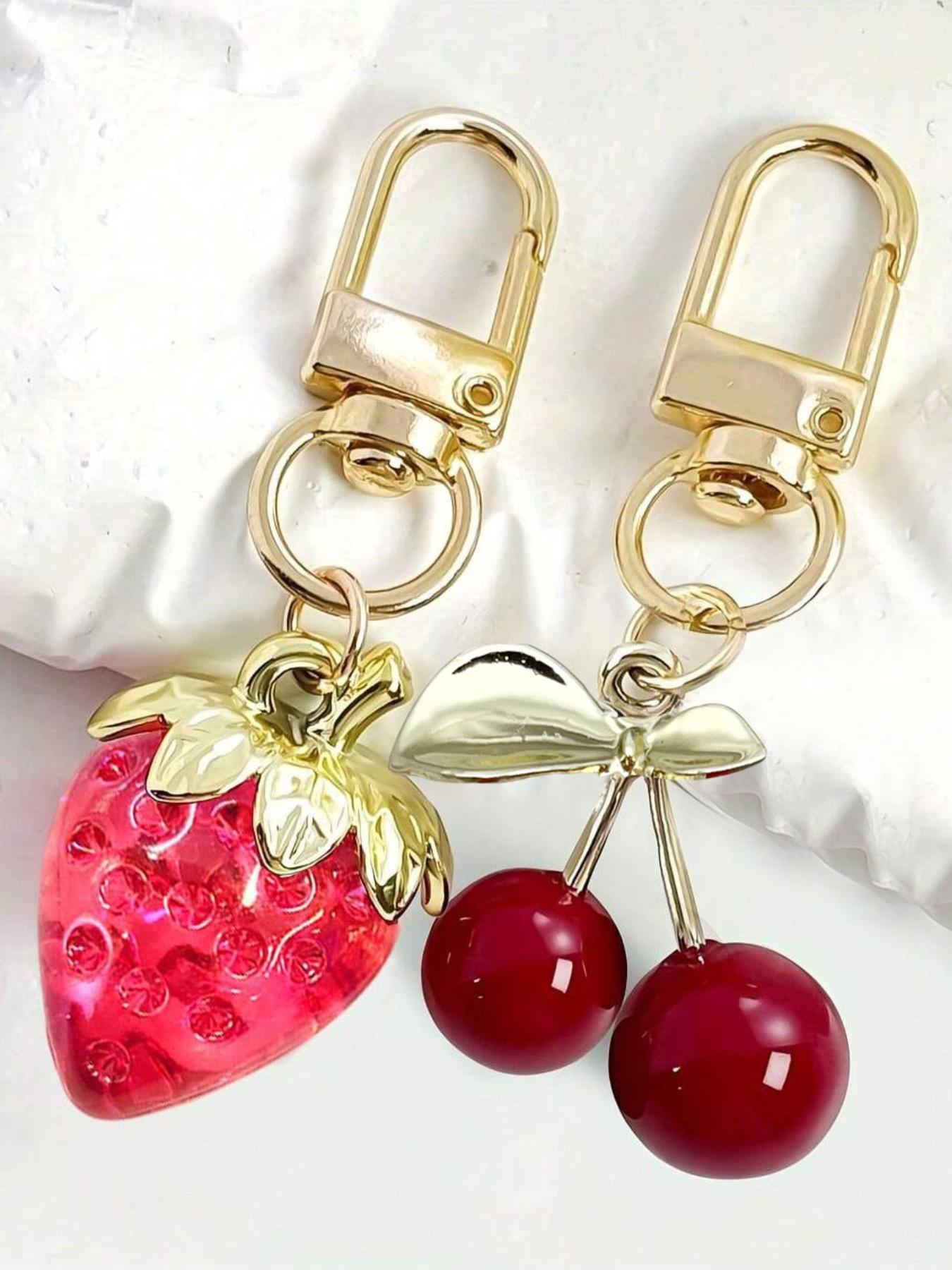 Two piece simulation Resin Fruit Keychain, Cute Pink Red Strawberry Cherry Keychain Bag Charm Purse Handbag Backpack Pendant Accessories, Strawberry Cherry Pendant Charms Wallet Decoration Keychain, perfect gift for Christmas Valentine'S Day