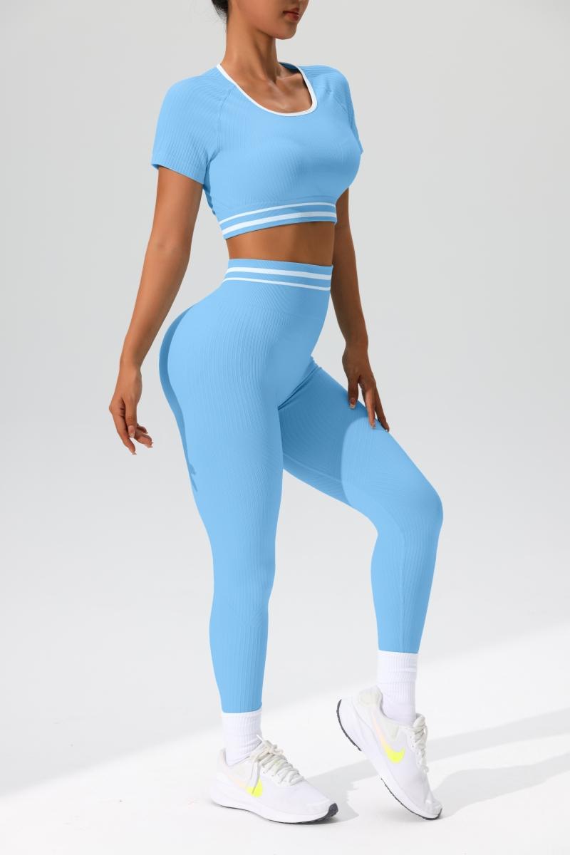 Women's High-Waisted Yoga Set, Striped Contrast Binding Design, Slim Fit Above-Ankle Pants & Short Sleeves Top, Ideal for Gym & Daily Wear