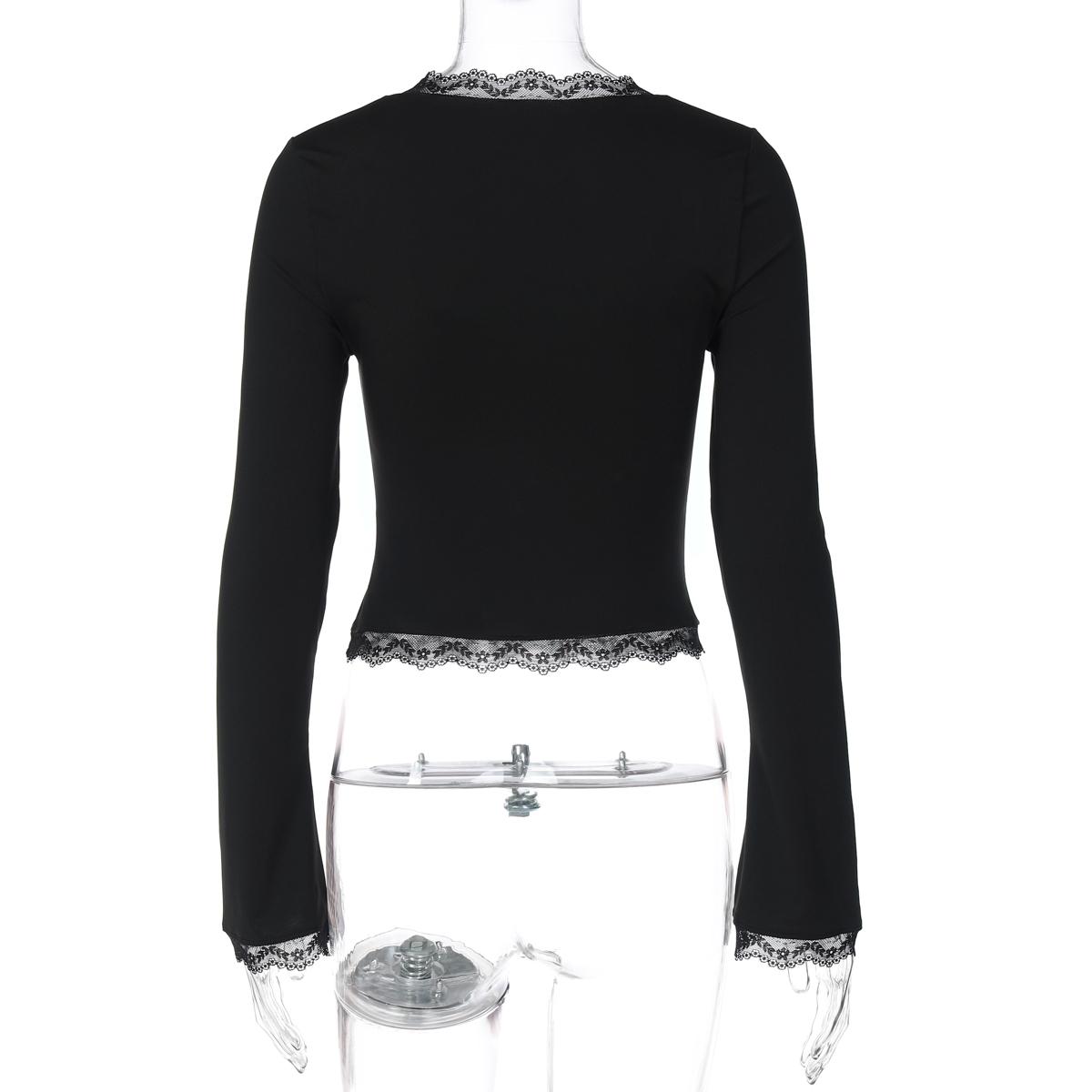 Women's Square Neck Top, Solid Lace Trim Long Sleeve T-Shirt, Elegant Chic Plain Flared Sleeves Slim Fit Crop Top for Spring, Fall and Winter, Womenswear, Blouses Shirts Tops, Casual Elegant Classy, Perfect for Parties, Dates and Everyday Wear