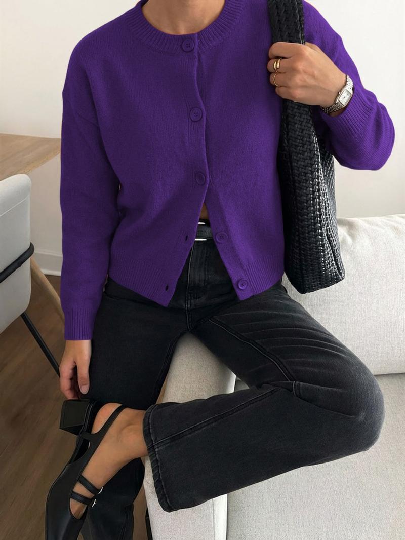 Autumn Winter Women's Casual Knit Cardigan, Elegant Vintage Round Neck Sweater, Simple Lazy Style, Long Sleeve Pullover