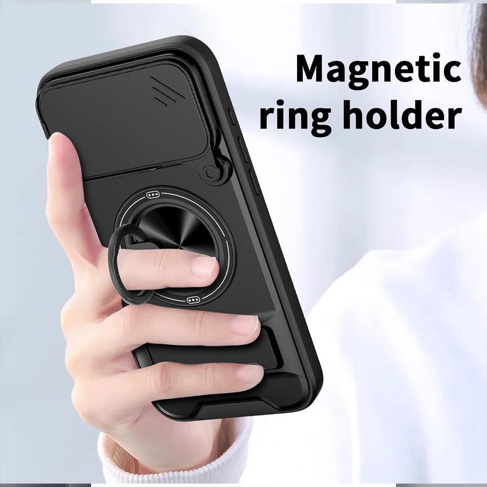 Phone Case: 3pcs Set[1 Phone Case+2 Screen Protectors] Luxury Multi-Functional Creative Push Window Rotating Ring Stand Phone Case Compatible with iPhone 17 16 15 14 13 12 11 Pro Max Plus Durable Fashion Magnetic Wireless Charging Shockproof Lens