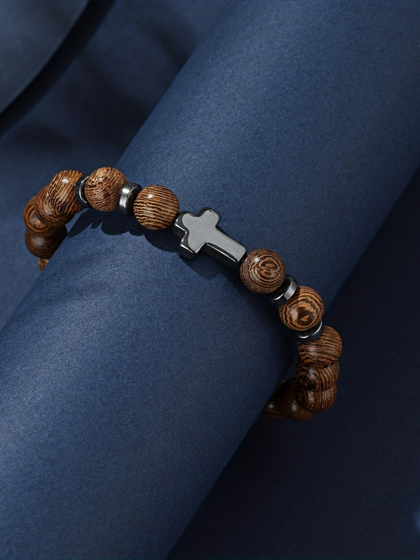 Cross Beaded Bracelet for Men, Wood Grain Design, New Arrival Bestseller Jewelry, Trendy Accessory for Men