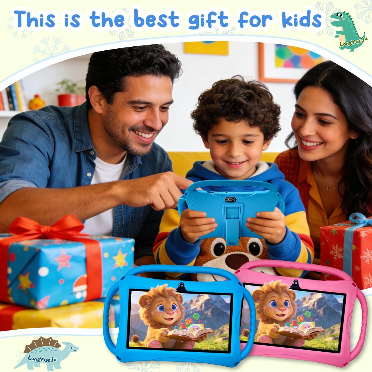 [GiftedInLove] Kids Learning Tablet 7 inch Android 12 Dual Cameras WiFi  Battery Protective Silicone Case Educational Apps Toddler Gifts Stress Relief Case Pink Blue New Year Gift