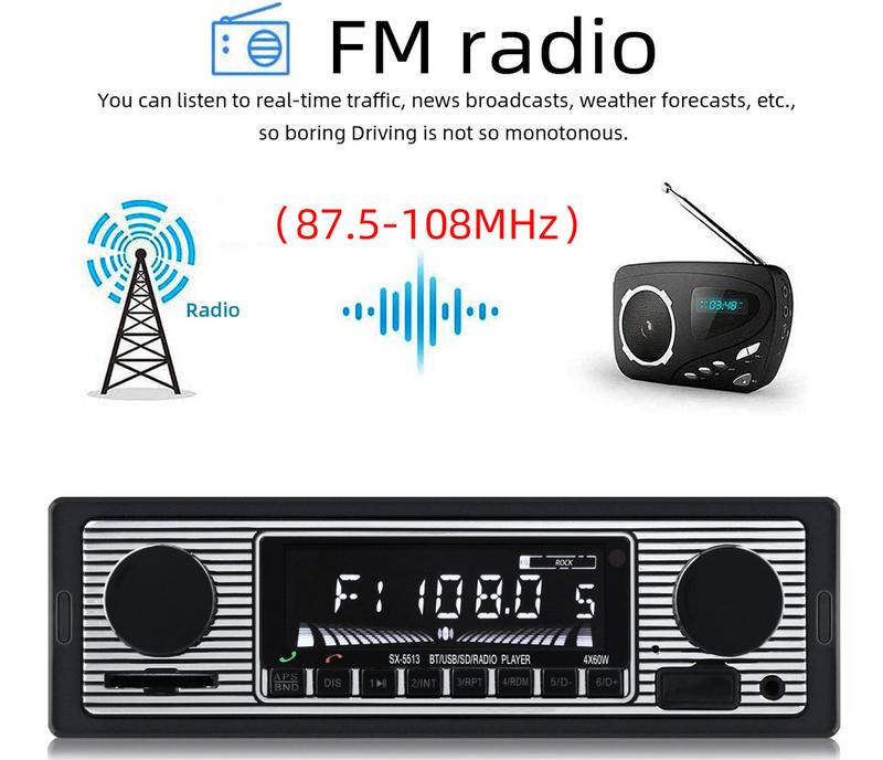 FYPLAY Classic Bluetooth Car Stereo FM Radio Receiver Hands-Free Calling Built-in Microphone USB SD AUX Port Support MP3 WMA WAV Dual Knob Audio Car Multimedia Player Remote Control cars auto accessories