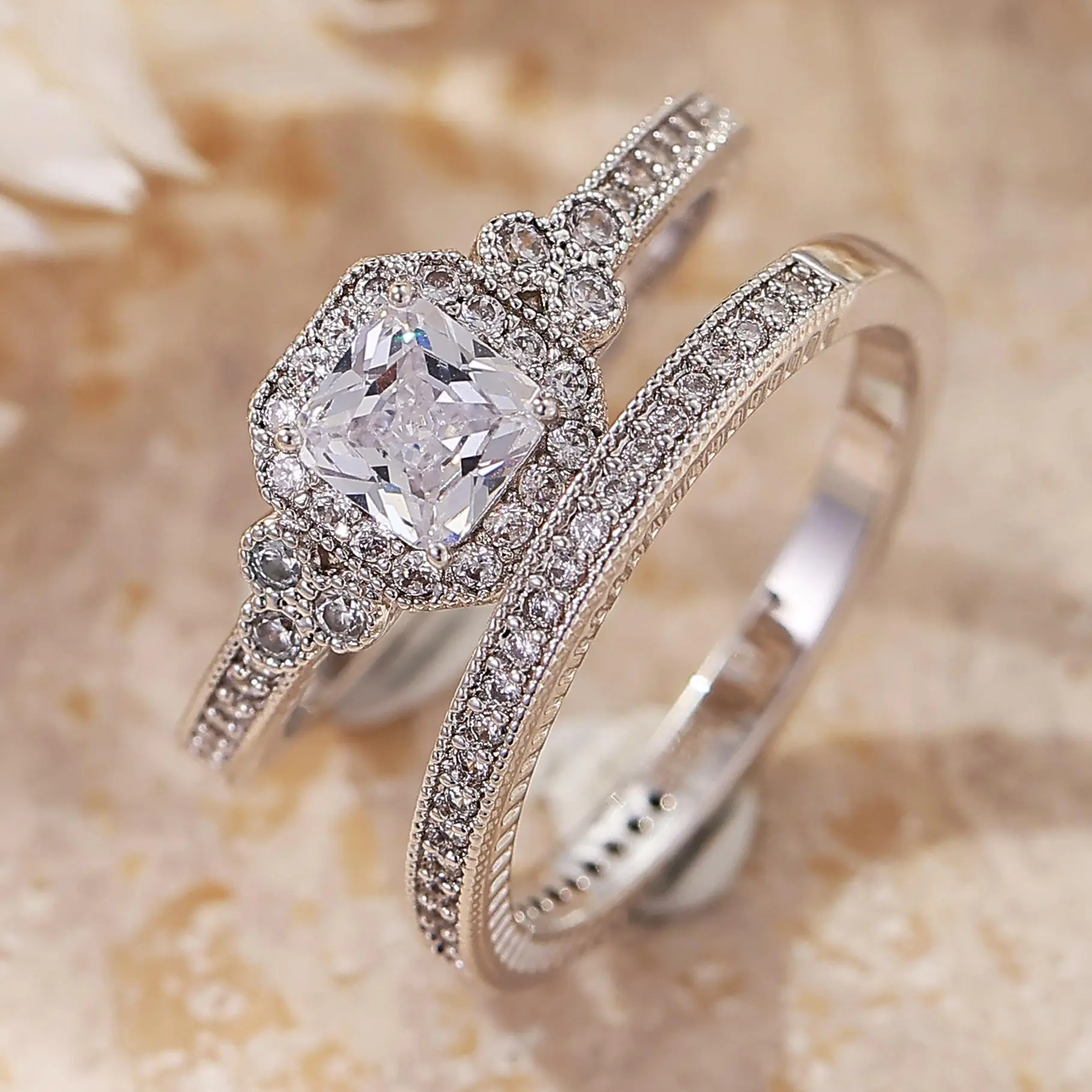 Women's Plain Princess Cut Halo Engagement-Wedding Ring Sets with Diamond Accents, Elegant Everyday Beautiful Rings for Women, Bridal Statement Jewelry for Daily Parties
