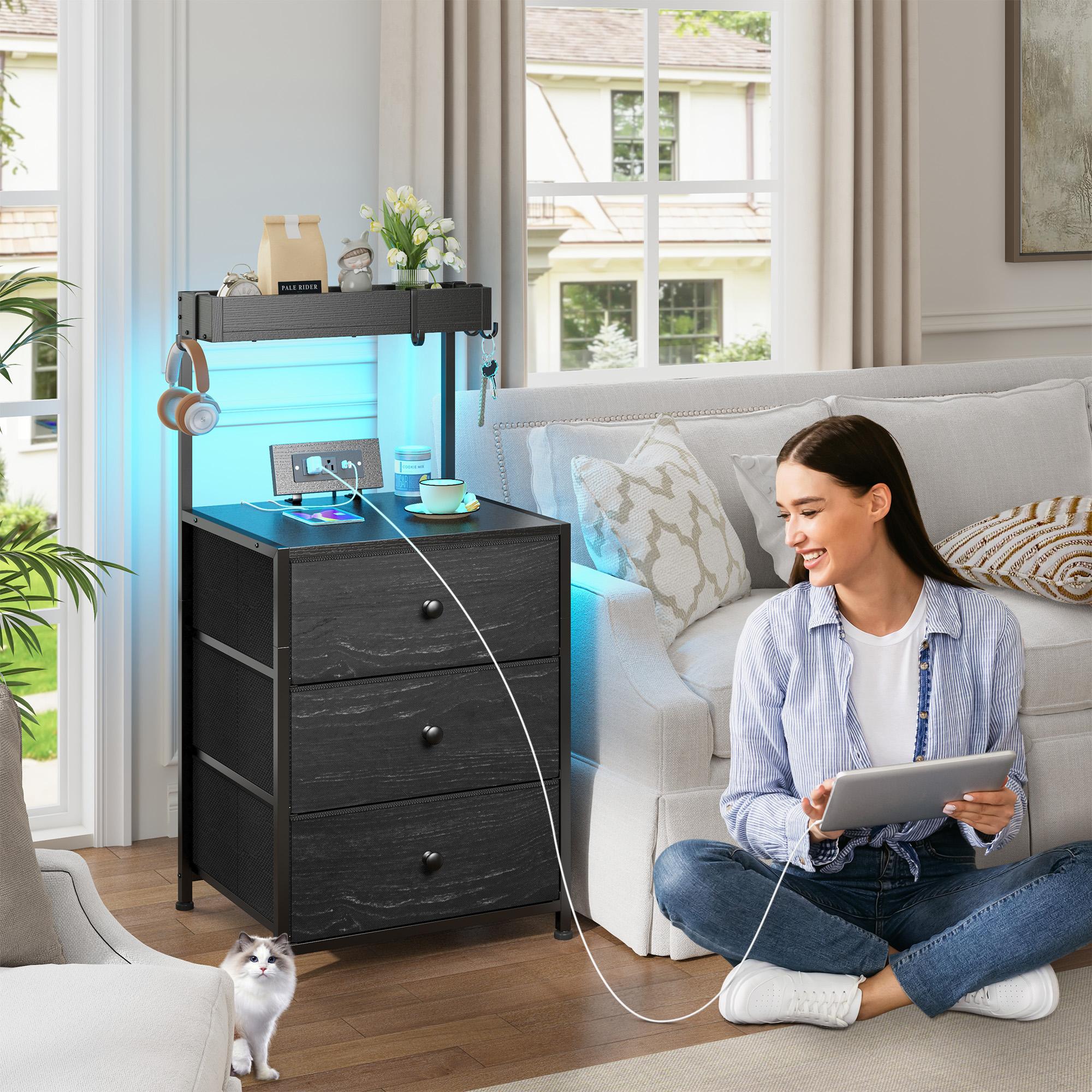 LED Nightstand Set of 2 with 3 Fabric Drawers & Shelf & Hooks, Tall Nightstand with LED & Power Outlet , End Table with Charging Station, Bed Side Table for Bedroom Furniture, White, Black, Rustic Brown