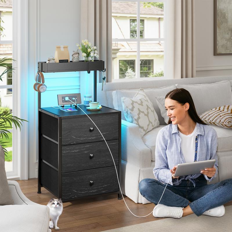 LED Nightstand Set of 2 with 3 Fabric Drawers & Shelf & Hooks, Tall Nightstand with LED & Power Outlet , End Table with Charging Station, Bed Side Table for Bedroom Furniture, White, Black, Rustic Brown