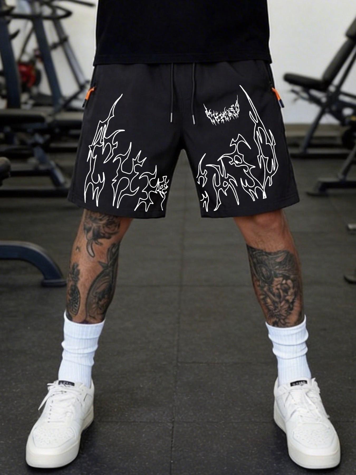 Men's Fitness Shorts with Print, Elastic Drawstring Waist, Lightweight, Street Style, Loose Fit, Breathable, Casual Outdoor Wear