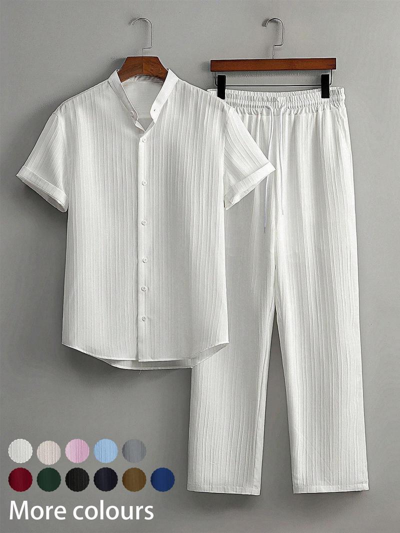 Two-Piece Set Men's Linen Set, Casual Short Sleeve Button Up Shirt & Pants Set for Summer, Men's Clothes for Beach Vacation