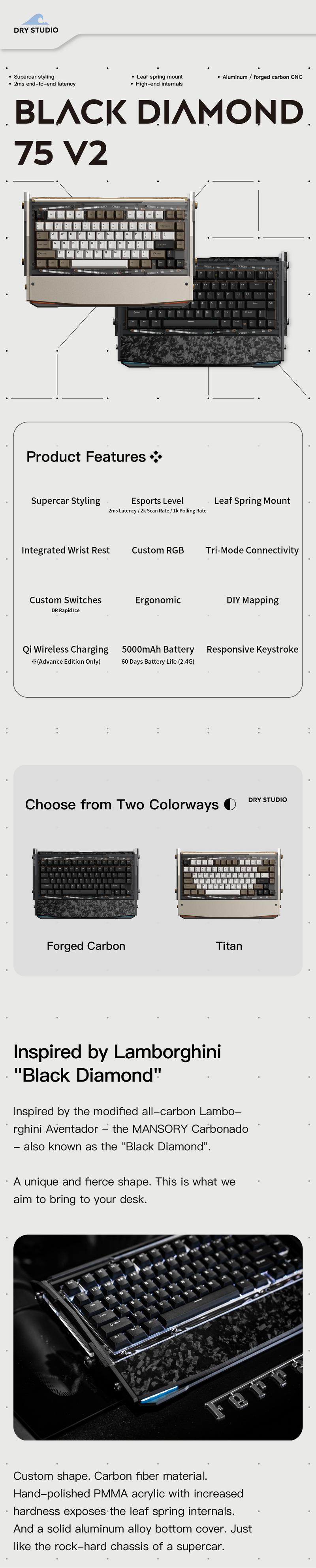 Black Diamond 75 V2 Mechanical Gaming Keyboard, 2.4G Wireless Low Latency, Leaf Spring Mount, Superb Typing Flex & Comfort, Custom RGB