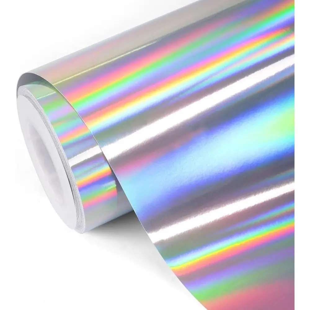 TECKWRAP Glossy Rainbow Holographic Silver Chrome Vinyl Bubble Free Permanent Vinyl 1ftx5ft