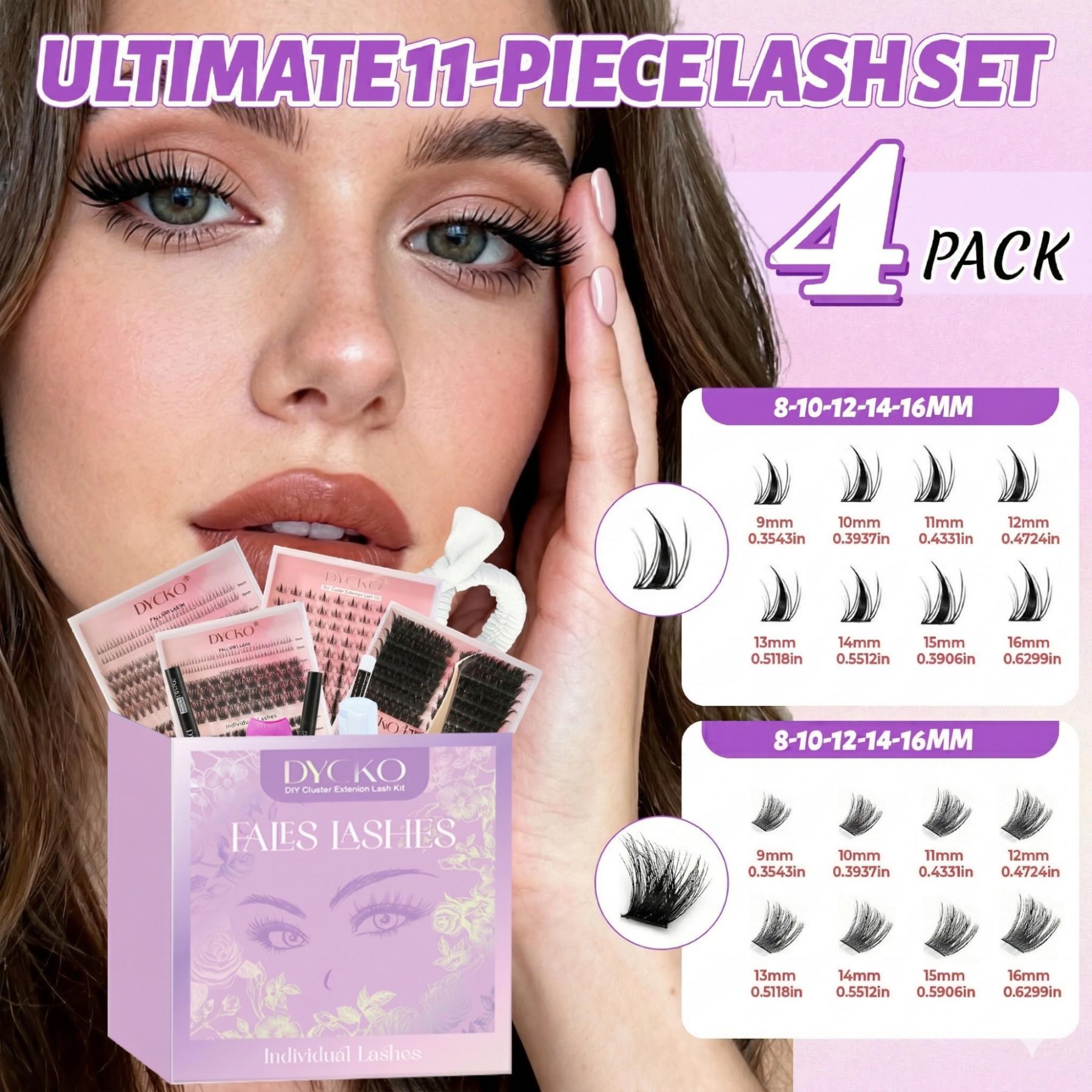 DYCKO 912PCS DIY Eyelash Extension Kit, 11-Pcs Ultimate Lash Clusters Gift Box, 4 Styles Mixed Wispy Manga Individual Lashes, D Curl Starter Set with Bond Seal & Remover, Professional Salon Look at Home