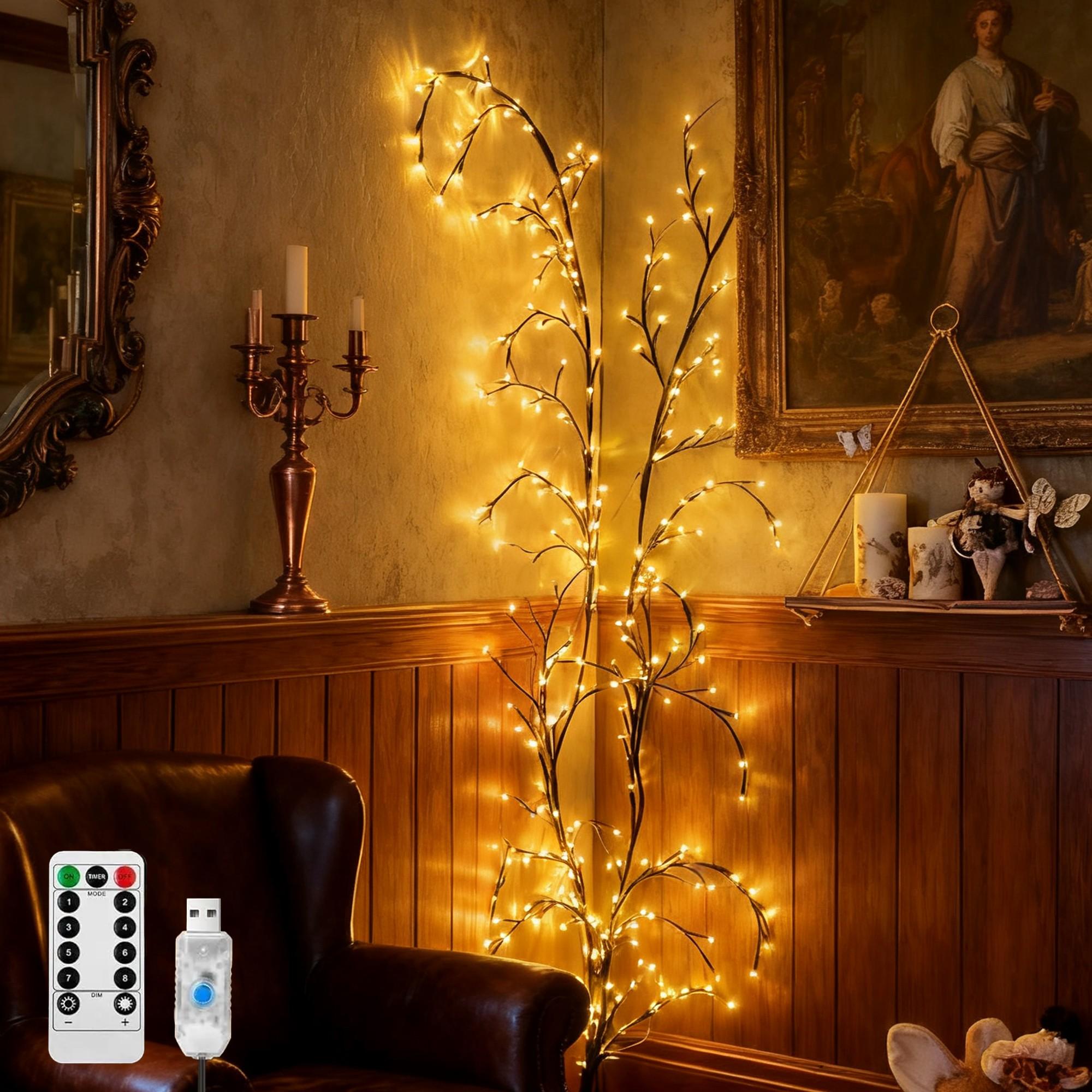 Willow Branches String Lights USB Powered with Remote Control, 8 Modes Warm White Twinkling Tree Lights for Wall Decor, Home Bedroom Living Room, Christmas Valentine Easter Wedding Party DIY Decoration Lamp