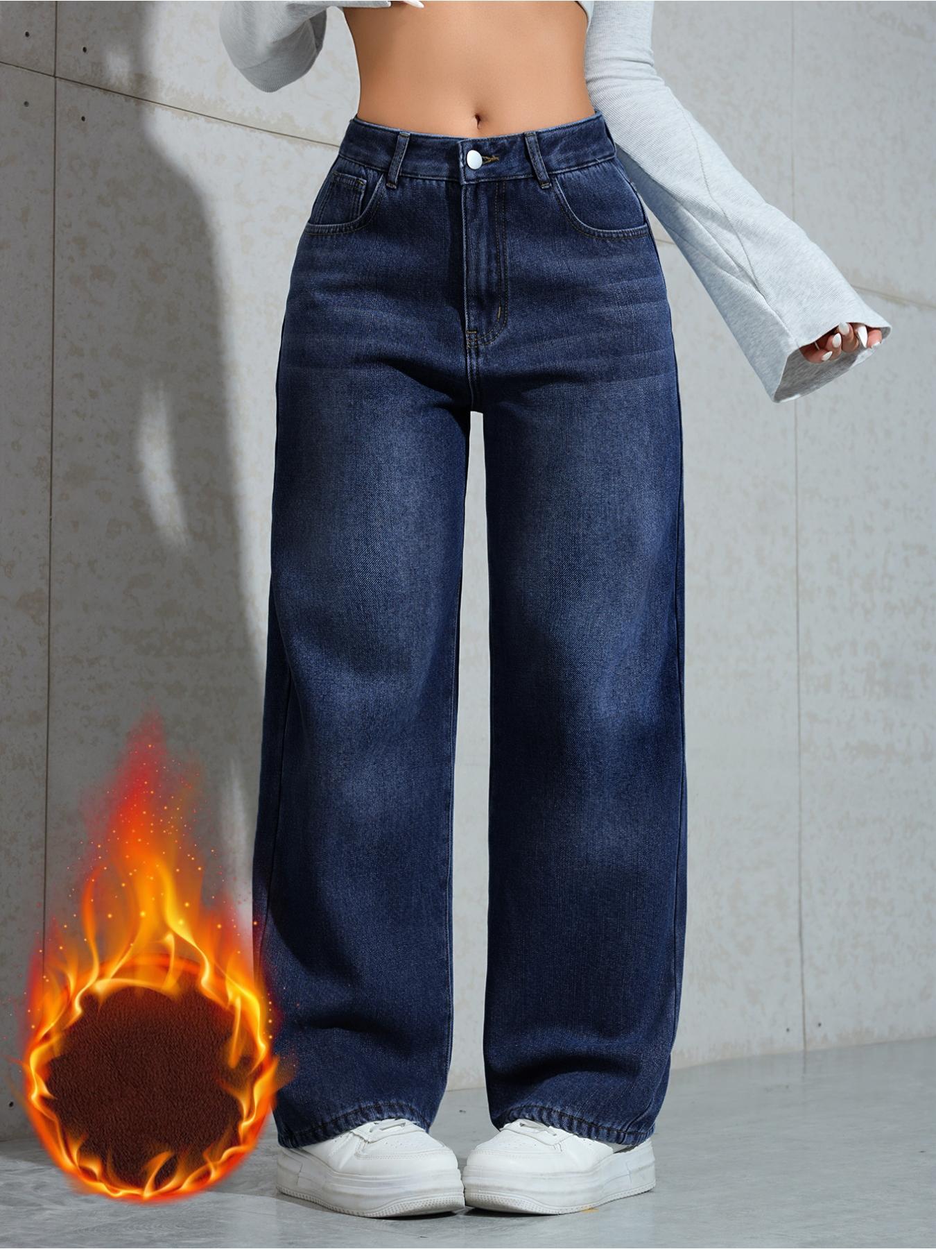 Women's Fleece Lined Thickened Fall Winter Fashionable Versatile Trendy Wide Leg Straight Washed Denim Jeans Pants