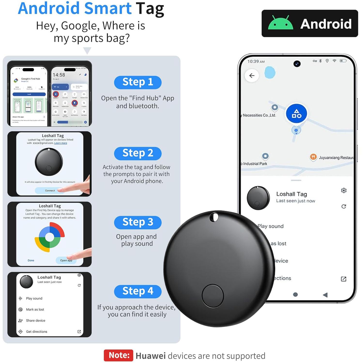 4-Pack Smarttag Google Tracker, Bluetooth-compatible Tag Find HUB Device, Anti Lost Wireless, Key Wallet Luggage Pet Item Locator, Precision Tracking for Android Phones, Plastic Durable Compact Size GPS Tracking Find My Device