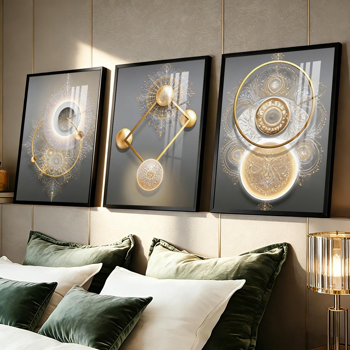 3 Counts Aluminum Alloy Framed Painting, Golden Abstract Geometry Light Art, Home Decoration For Living Room, Bedroom, Office, Restaurant, Hallway Wall Decor, Odorless Print Artwork, Luxury Perfect Gift For Friends And Family