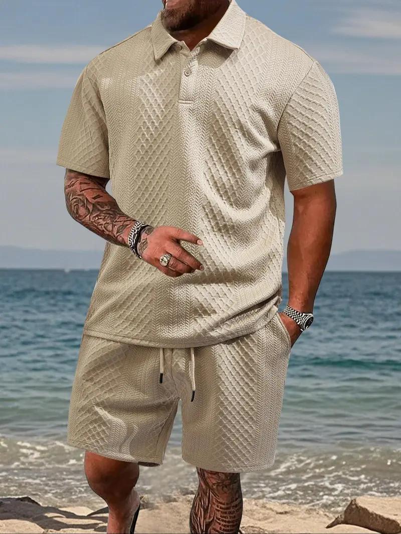 KZZ Men's Solid Polo Shirt & Drawstring Waist Shorts Set Cozy Breathable Two-piece Outfits for Daily Outdoor Wear Menswear Suits Casual Clothes,father'sdaygifts