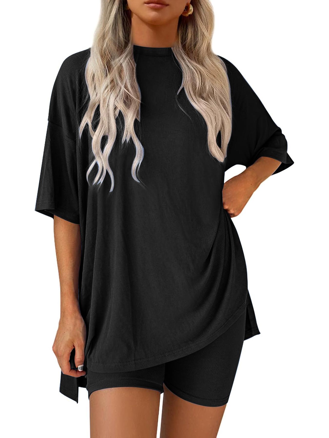 Women's Solid Color Tee & Skinny Elastic Shorts Loungewear Set, Comfortable Round Neck T-Shirt & Shorts, Perfect for Summer Sleepwear