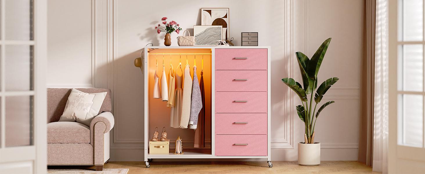 Cyclysio 45'' Dresser with Clothes Rack & Mirror, 5 Fabric Drawers Dresser with Charging Station & LED Lights, Rolling Chest of Drawers with Wheels
