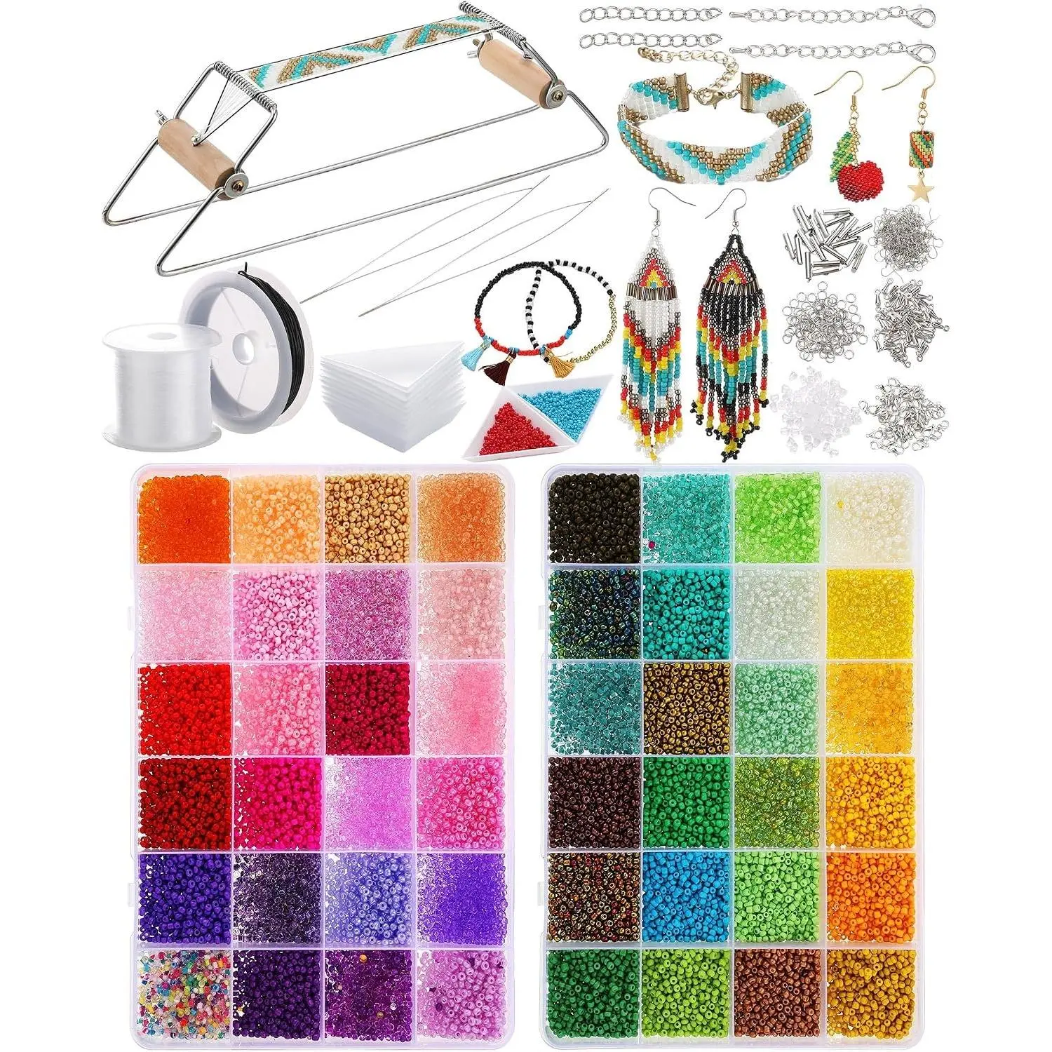 Bead Loom Kit for Adults 24000 Pcs Beading Loom Supplies with 48 Color 2 mm Glass Seed Bead Bracelets Christmas Jewelry Earring Making Tools Gifts for Women DIY Craft