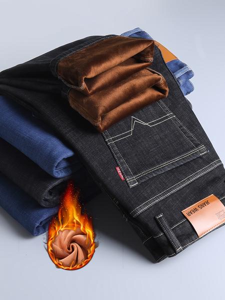 Men's Fleece Lined Thick Denim Jeans, Loose Straight Leg Elastic Big Size Business Casual Pants for Fall Winter, Comfortable & Stylish