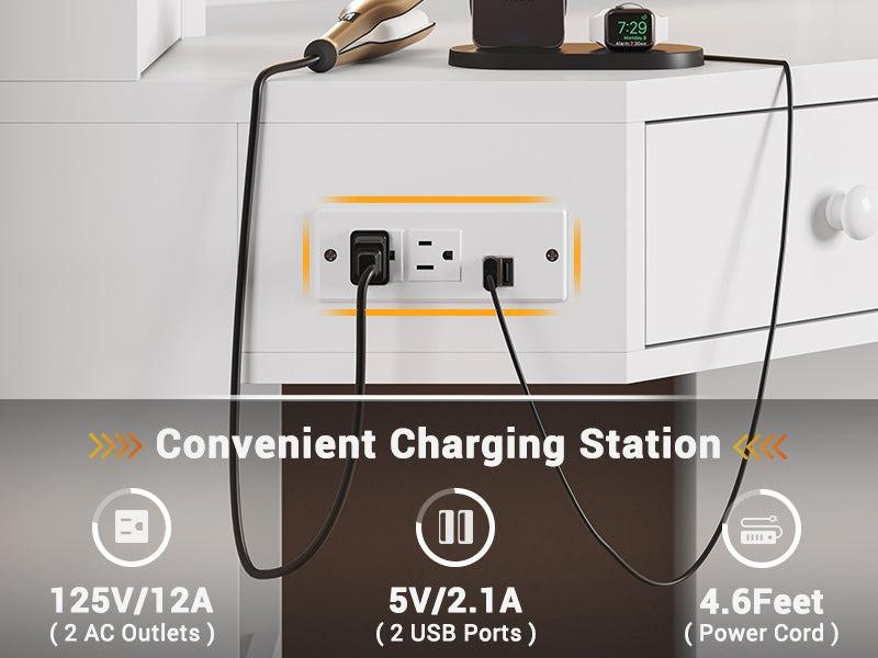 Sikaic Corner LED Makeup Vanity Desk With Storage Stool And Charging Station Mirror Drawers, Rotating Shelves