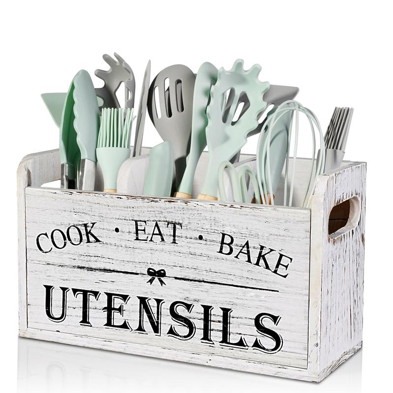 Wooden Kitchen Utensil Holder, 1 Count Large Utensil Organizer, Cooking Tools Storage Rack, Kitchen Utensils Storage Box, Kitchen Pantry Storage