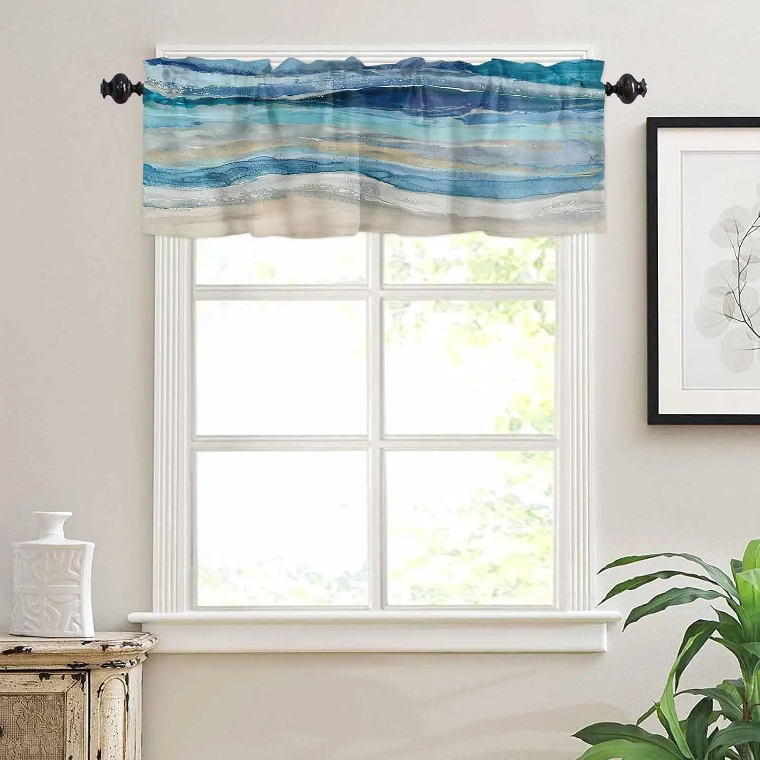 Coastal Beach Valances - Navy Blue Kitchen Curtains - Abstract Blue Wave Window Treatment - Modern Ombre Valances for Living Room, Bedroom & Bathroom - 42"x12"