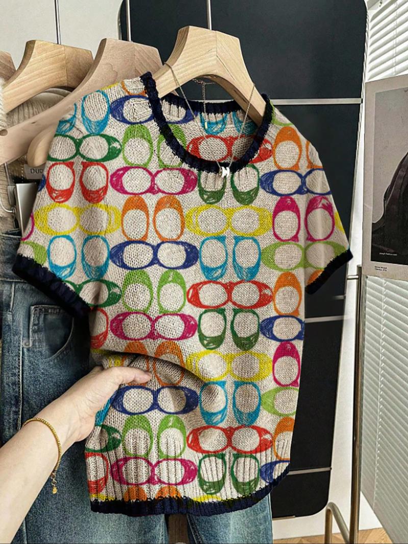 Women's Animal Print Short Sleeve Sweater Knitwear, Casual Fitted Knit Top for Spring & Fall, Comfortable Warm Clothing for Daily Wear