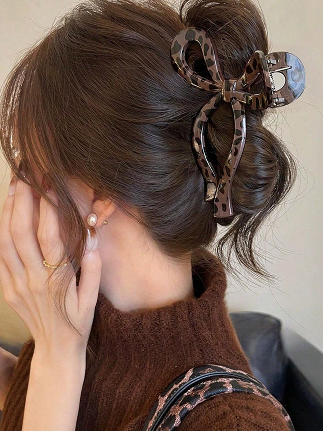 1pc Leopard Print Bow Claw Clip, Large Size Hair Clip For Women With Thick Hair Claw, Hair Accessory, Birthday Gift, Stocking Stuffers, Stocking Fillers, Gifts, Hair Clips For Thick Hair