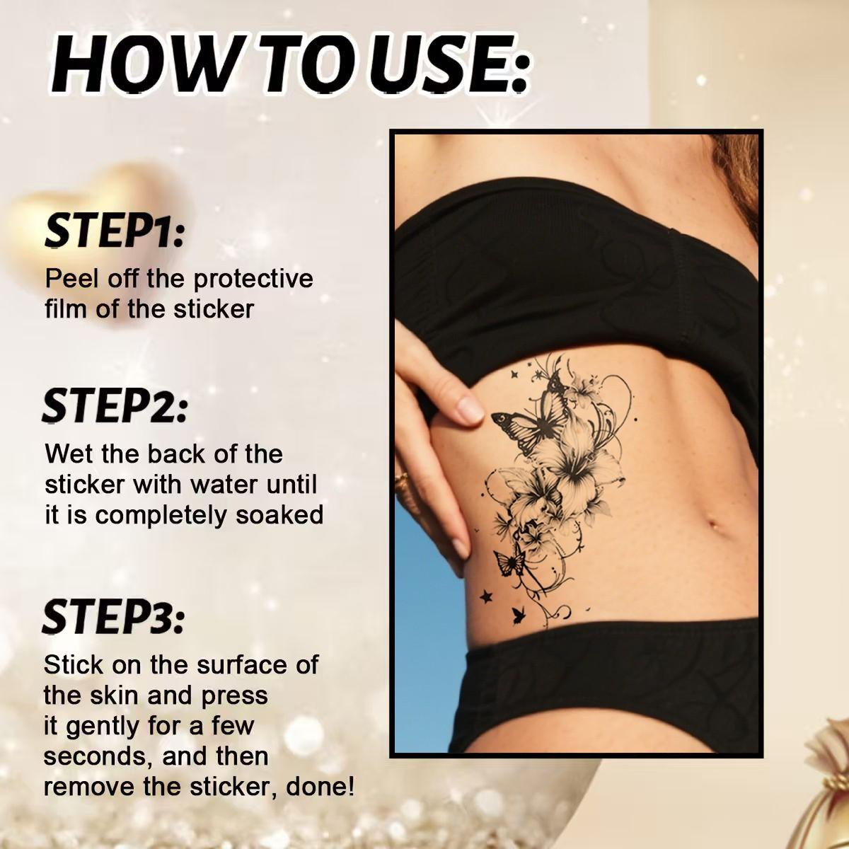 Delicate Butterfly Floral Temporary Tattoo, Waterproof Long-Lasting Body Sticker for Women, Trendy Party Decorations, 1pcs