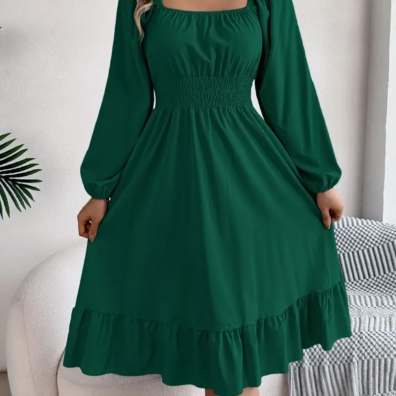 Women's Plain Shirred Ruffle Hem A Line Polyester Fabric Dress, Elegant Chic Womenswear Bishop Long Sleeve Square Neck Midi Dress for Spring & Fall, Women's Clothes for Daily Wear