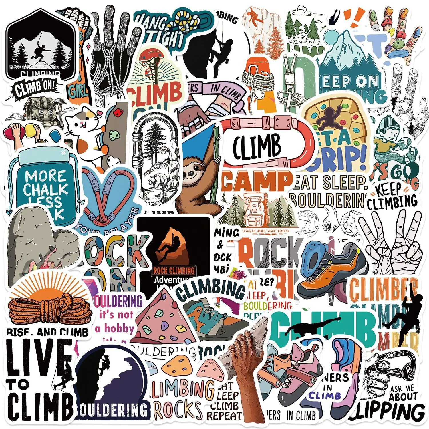50 Rock Climbing Theme Cartoon Stickers, DIY Decorative PVC Waterproof Stickers for Phone Cases, Water Bottles, Guitars