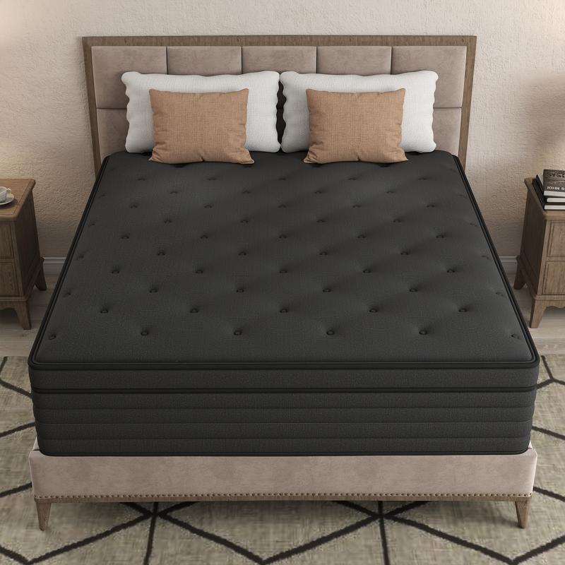 BOMASS 12" 14" Twin Full Queen King Size Mattress Gel Memory Foam Individual Pocket Spring Hybrid  Black Mattresses Medium Firm Pressure Relief Bed In box