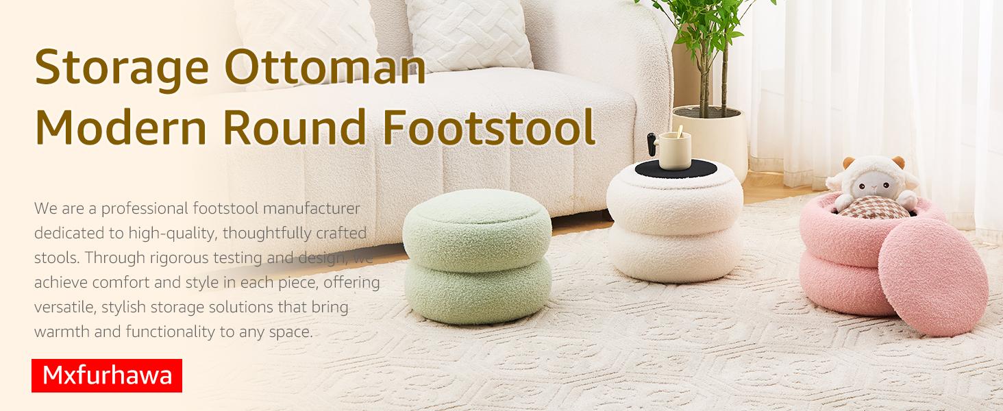 Storage Ottoman,Soft Teddy Velvet Upholstered Footrest,Mordern Round Footstool with Macaron Shape,Side Tabble and Plant Stands for Living Room,Hallway,Bedroom