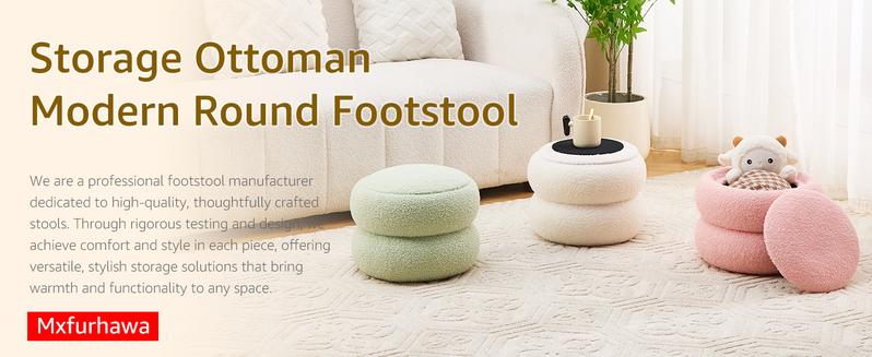 Storage Ottoman,Soft Teddy Velvet Upholstered Footrest,Mordern Round Footstool with Macaron Shape,Side Tabble and Plant Stands for Living Room,Hallway,Bedroom