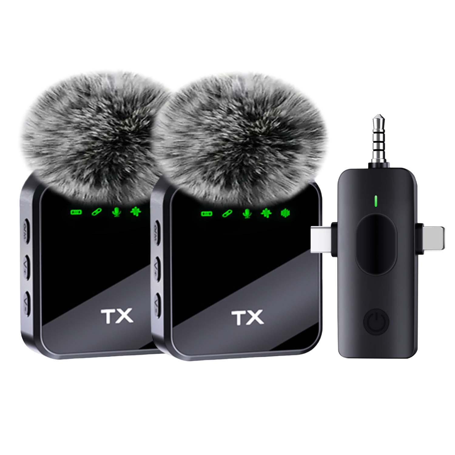 Three in one wireless lavalier microphone suitable for iPhone and Android, clip on noise reduction design, capacitive microphone, long battery life, artificial intelligence noise reduction, suitable for video blogging, Usb rechargeable mic