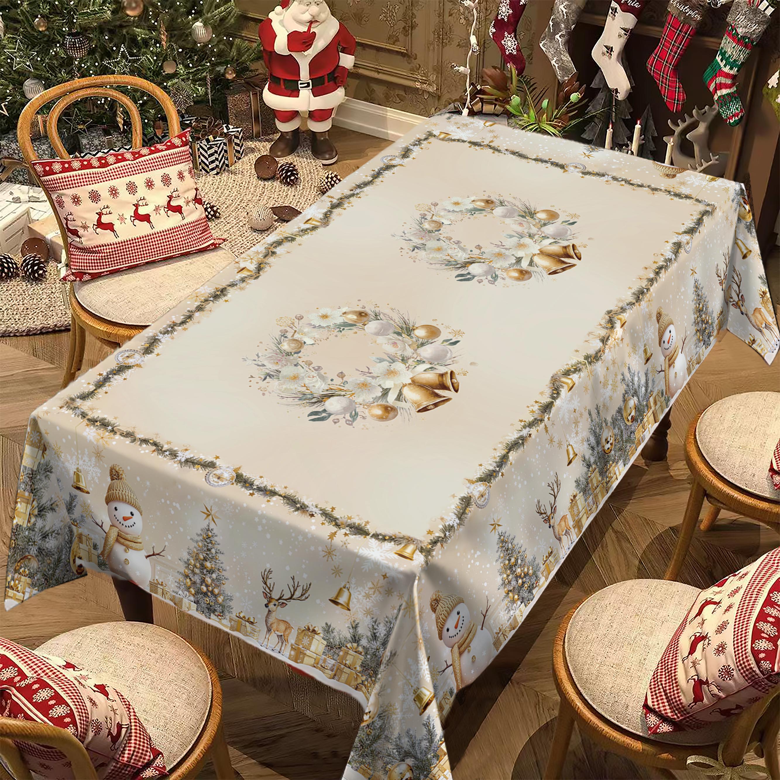 Rectangular Christmas Tablecloth, Snowman & Bell Design, Holiday Party Decorations, Best Gift for New Year Eve Dinner