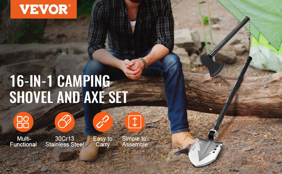 VEVOR Survival Shovel Survival Axe, 16-in-1 Camping Folding Shovels with Hatchet, Stainless Steel Tactical Shovel Hatchet Combo, Multifunctional Emergency Survival Gear Equipment for Camping Hiking