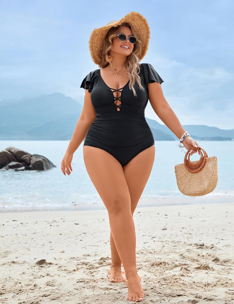 Blooming Jelly Women's Plus Size One Piece Swimsuit Tummy Control Bathing Suit Vintage V Neck Swimwear