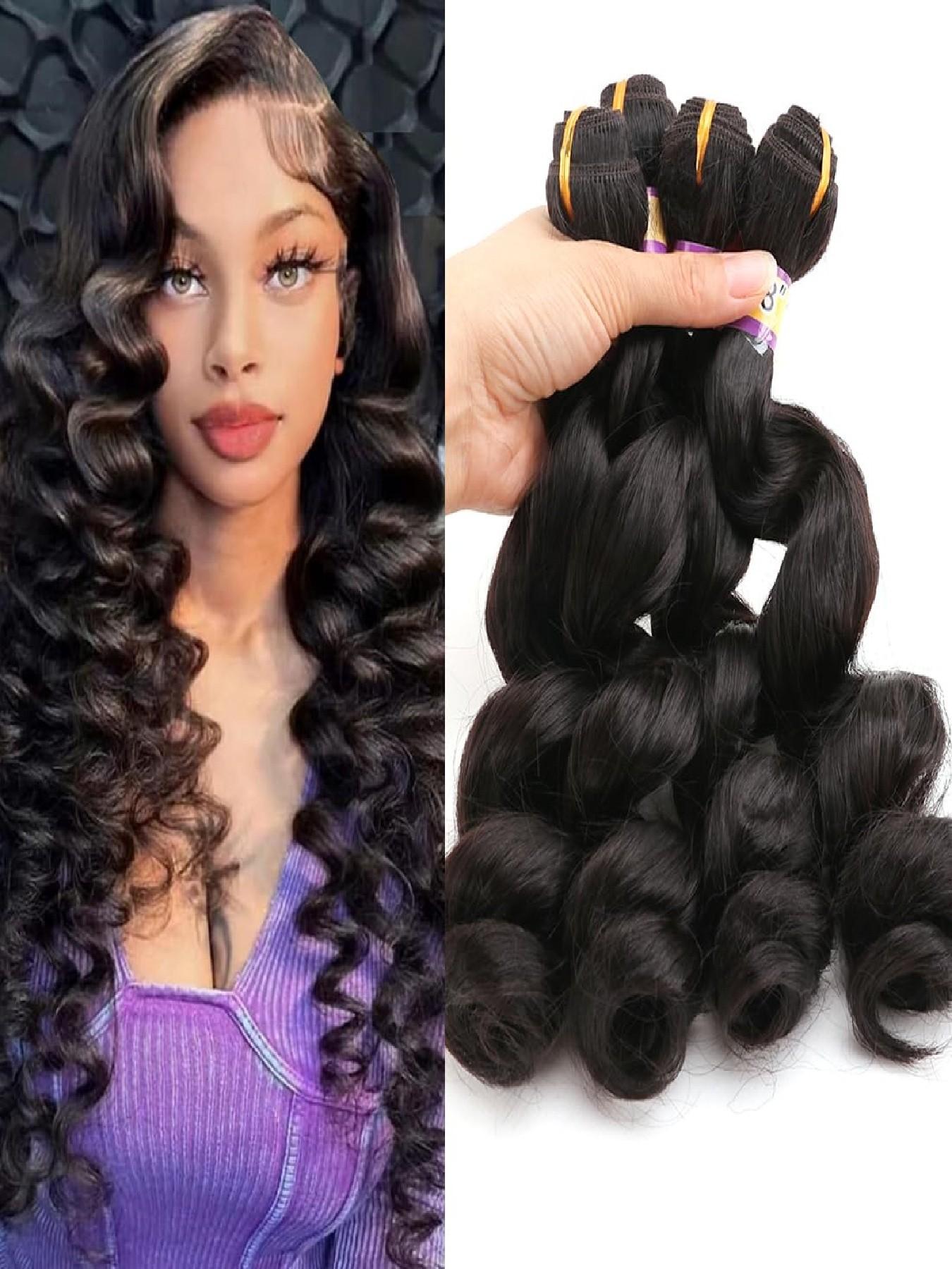 4 Bundles Loose Wave Quick Weave Hair Bundles High Temperature Synthetic Fiber Hair Weave Extensions for Women Natural Black Color 18 18 18 18 Inches
