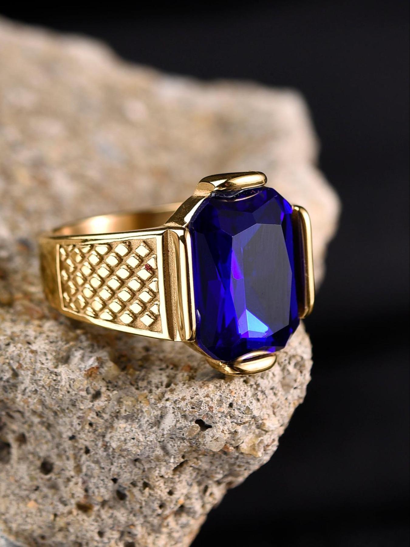 Business Style Men's Blue Ring, 316L Stainless Steel, 18K Gold Plated, Inlaid with Rectangle Agate