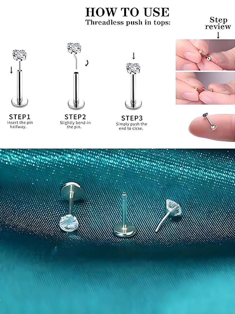 18g Threadless Nose Studs CZ Nose Rings For Women Labret Studs Push In Flat Back Stud Earrings Nose Nostril Tragus Helix Piercing Jewelry