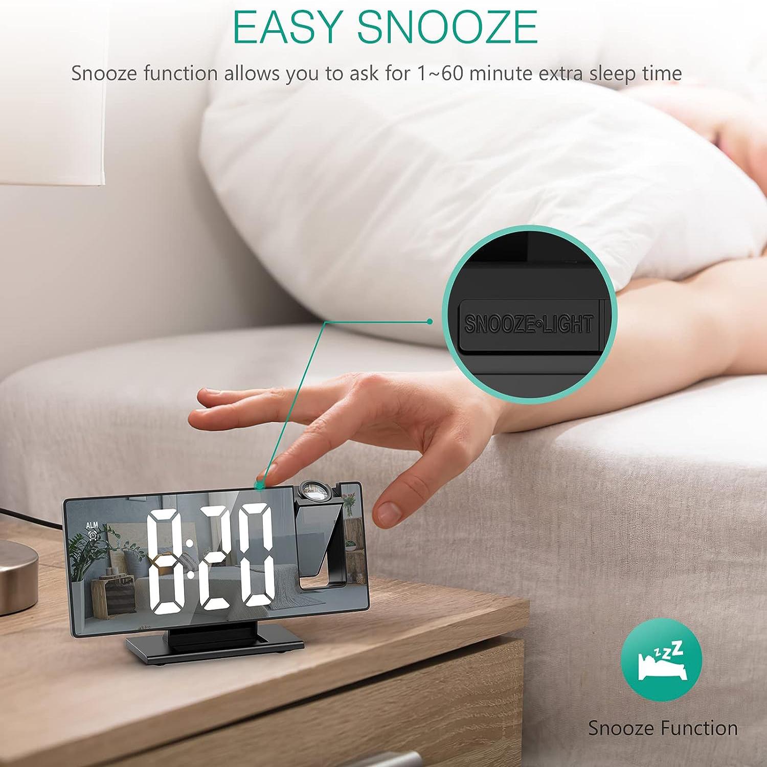 Digital Alarm Clock Projection for Heavy Sleepers, Electronic Mirror Clock with Large LED Screen, 12/24h Temperature Display
